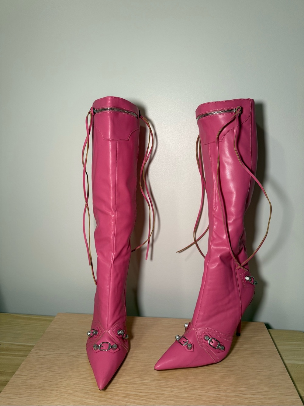 Pink Faux Leather Knee-High Boots